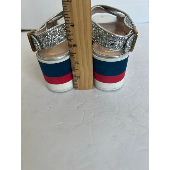Auth Gucci Cross Sparkly Straps Red White Blue Platform Slingback Sandals Sz 4.5 - Picture 10 of 14